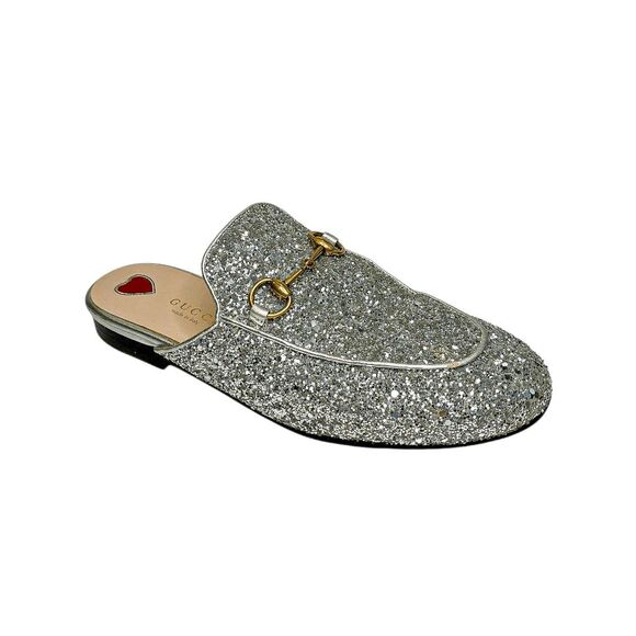 Gucci Princetown Silver Glitter Horsebit Logo Mules Loafers EU 36 US 6 Flats
